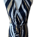 DKNY ‎ Navy Tan White Striped Sleeveless Wrap Blouse Top Photo 0