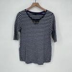 J Crew Striped 3/4 Sleeve Top Embellished Neck Navy White Size Medium Blue Photo 1
