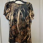 Elegant Black and Gold Paisley Women's Top Bleu Medium Y2K T shirt Photo 2