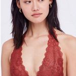 Free People Coral Rust Orange Galloon Lace Plunge V Neck Halter Dainty Bralette Photo 2