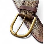 Golden Embossed Brown Leather Belt with Solid Brass Buckle size Medium Photo 2