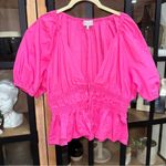 WAYF  tie front bows vneck blouse smocked ruffles puff short sleeves barbie pink Photo 1