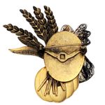 Vintage Fall Harvest Angel Pumpkin Wheat Brooch Amber Glass Cabochon Pin 2.25" Photo 1