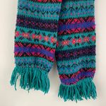 Vintage 80s Green Multicolor Fair Isle Stripe Pattern Fringe Knit Winter Scarf Multiple Photo 2