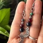 Handmade ✨  Garnet + Blue Goldstone + Crystal Moon Dangle Earrings 🌙 Photo 0