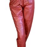 VINTAGE 1980'S REDDISH BROWN LEATHER STRAIGHT LEG PLEATED TROUSERS (XS) Red Photo 0