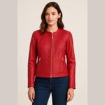 Bagatelle  Red Leather Moto Jacket Collarless Gold Zip Pockets Women Size‎ M Photo 11