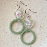 Handmade flower glass beads & green circle hoop unique fairy cottage retro style dangle earrings 🌼💚 Photo 4
