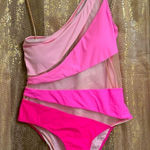 Women's One Shoulder Bright Pink Ombre Mesh Colorblock Swim Suit Large NWOT Photo 0