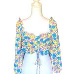 Fiestar Smocked Crop Top Front Lace Up Puff Sleeves Floral Womens Size Large NWT Blue Photo 3