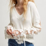 French Connection  Cream V-Neck Blouse with Lace Sleeves Photo 0