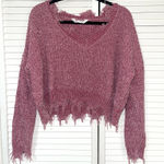 belle du jour  V-Neck Distressed Sweater in Pink Photo 0