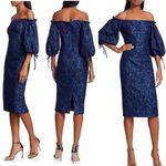 THEIA METALLIC JACQUARD MIDI DRESS Size‎ 4 Cloque Metallic Puff Sleeves $650 Blue Photo 15