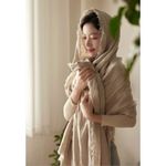 Linen Scarf Beige Jacquard Soft Breathable Lightweight Natural Wrap Fringe Tan Photo 4