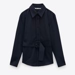 ZARA  Navy Blue Buckle Belt Button Down Shirt Blouse Photo 2