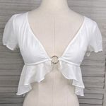 Tiger Mist Sheer White Crop Top Flutter Hem & Ring Front-Small Photo 0
