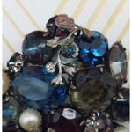 Vintage Mid Century Rhinestone & Faux Pearl Brooch Pin Silver Tone Floral 2" Black Photo 3