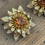 Vintage 50s Miriam Haskell Amber Rhinestone Gold Leaf Clip On Earrings Signed Photo 2