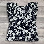 Loft  Floral V Neck Top Womens S White Navy Blue Ruffle Sleeve Cotton Shirt Photo 4