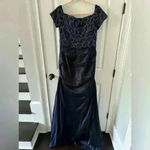 La Femme Off the Shoulder BEADED Satin Trumpet Gown~Navy~10~NWOT! Blue Photo 4