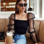 Ambiance Black Chiffon Mesh Sheer Polka Dot Long Sleeves, Sheer Back Photo 0