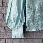 Ganni NWT Shirred Floral Organic Cotton Blend Poplin Blouse Puff Sleeve Blue Photo 3