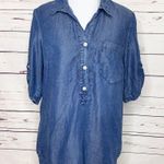 Lucky Brand  3/4 Sleeve Blue Polka-Dot Chambray Button Up Denim Shirt Size Small Photo 2