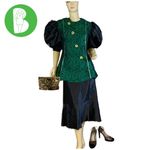 HANDMADE AVANT GARDE GREEN AND BLACK PUFFED SLEEVE BLOUSE (M) Size M Photo 2