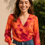 Bar III  Tie Dye Wrap Blouse Pink Orange Long Sleeve Sheer Size Size S Photo 0