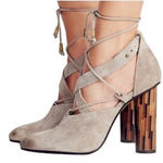 Free People Taupe Nouvella Criss Cross Wrap Chunky Heel Suede Leather Sz 38/6.5 Photo 0