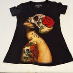 Infamous Womens Size Medium Black Skull Tattoo Roses Short Sleeve Shirt‎ V Photo 0