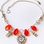 Handmade goth punk grunge style heart cross & teeth& red Czech glass leaf necklace💀🌹✝️🦷 Photo 0