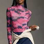 Anthropologie Mesh Sheer Turtleneck Fitted Long Sleeve Top Pink Purple XS Photo 0