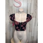 Melrose and Market XS Black Pink Floral Corset Crop Top Puff Sleeve Hook-Front Photo 1
