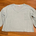 Pink Lily Waffle Knit Top Womens Large Blue Balloon Sleeve V-Neck Oversized Photo 0