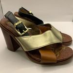 Sam Edelman  Ivy Color Block Strappy Gold Brown Chunky Heel Sandal Women’s Sz 6M Photo 0