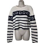 La Ligne Striped Pointelle Pullover Knit Sweater Blue/Cream Womens S Blue Photo 1