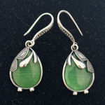 Natural Stone Huge Retro Emerald Green Cat Eye Silver Hook Earrings Photo 0