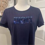 DKNY  Cotton Navy Blue Ruffle Bottom Dress With Sequin Logo Size L Photo 1