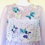 SheIn Curve Purple & Blue Butterfly Print Sequin Long Sleeve Tulle Maxi Dress. Photo 2