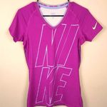Nike Pro Dri-Fit Women’s Spell Out Front Striped Back Pink Gray Athletic Shirt Photo 0