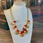 Talbots 0053 Y2K Gold Tone Disc Necklace w/Red and White Cha-Cha Beads EUC Photo 3
