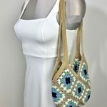Handmade Crochet Granny Square Shoulder Tote Bag Green Tan Black Photo 1