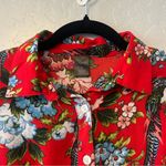 City Streets bright red floral and bird button front dress size small Photo 2