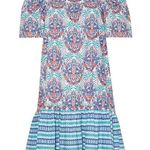 Cara Cara Janie Palm Medallion Puff Sleeve Drop Waist Ruffle Dress XL Blue Photo 0