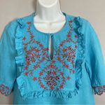 J.Crew Embroidered Top Turquoise Women XS Short Sleeves Vacation Ruffle Floral Photo 5