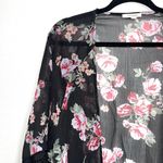 Maurice's  Black White & Pink Floral Print Crochet Trim Kimono Photo 3