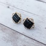 Vintage Earrings for Pierced Ears Dainty Black, Clear Gem, Gold Tone Black Photo 2