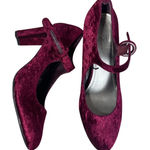 Impo  Womens Velvet Mary Jane Shoes Burgundy Red Buckle Strap Block Heel Size 7 Photo 0
