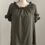Como vintage Olive Green Ruffle Trim Top Bow Tie Neck Blouse Medium Photo 0